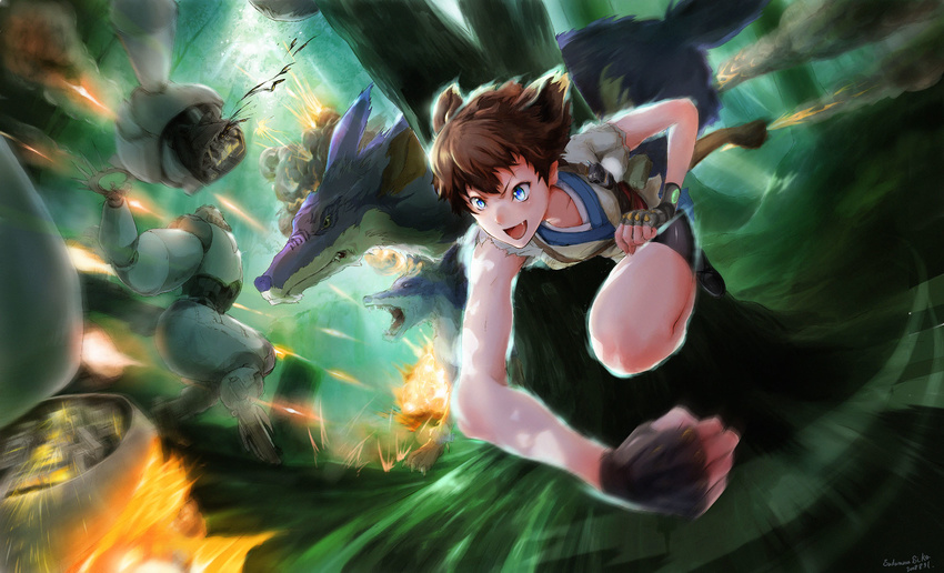 battle blue_eyes brown_hair fang fingerless_gloves gloves highres pixiv_fantasia pixiv_fantasia_2 robot shiika_sadamasa short_hair wallpaper widescreen