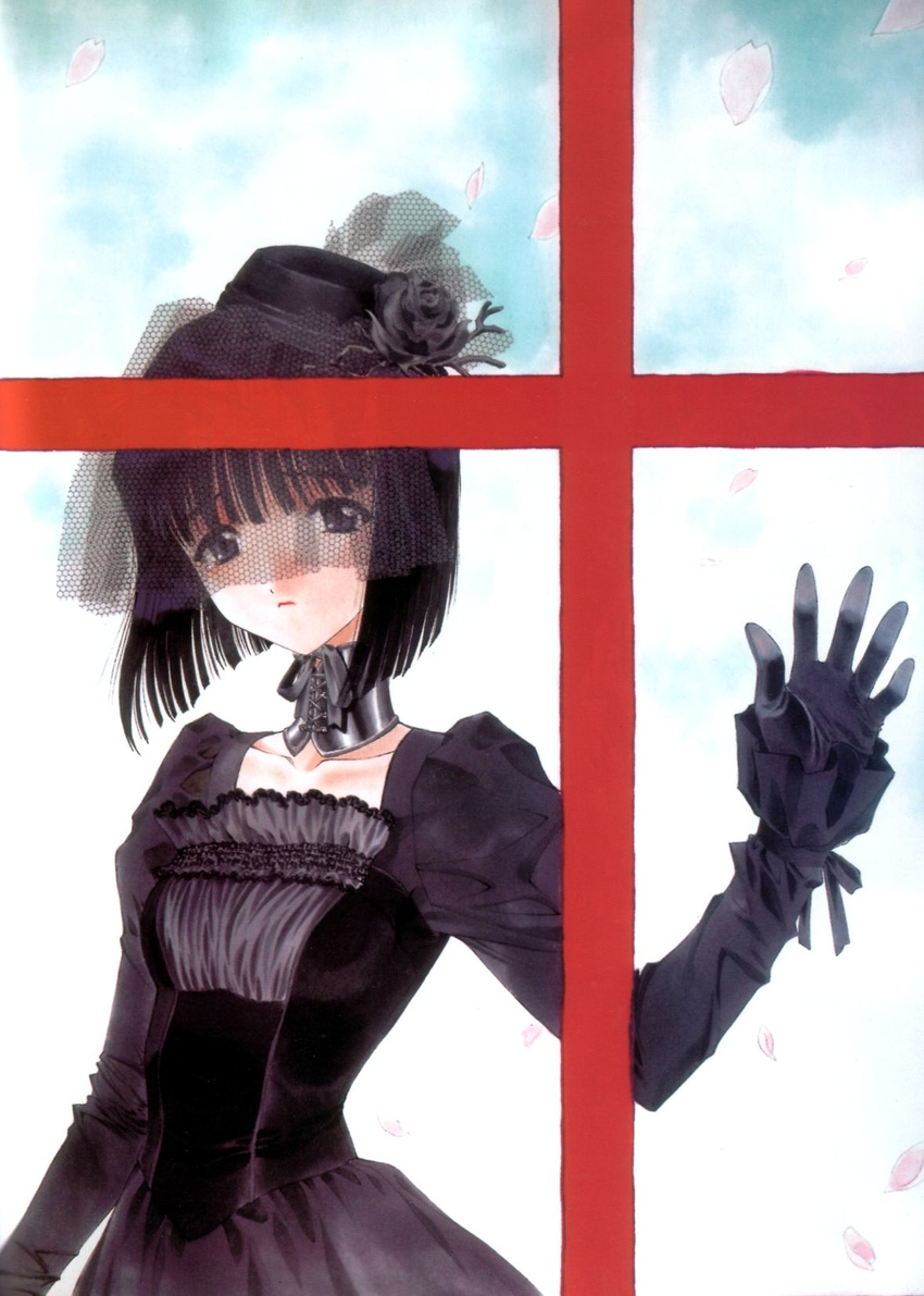 artist_request black_dress cherry_blossoms choker dress flower gloves gothic_lolita hand_on_window hat highres kitaooji_hanabi lolita_fashion petals rose sakura_taisen sakura_taisen_iii scan solo veil veil_over_eyes window