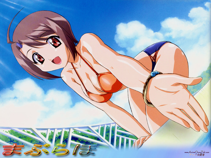 ahoge bikini bracelet breasts brown_hair cleavage day dutch_angle jewelry maburaho medium_breasts non-web_source red_eyes screencap short_hair solo splashing swimsuit yamase_chihaya