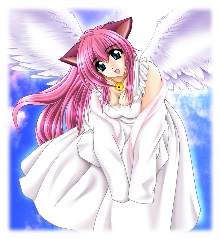 animal_ears bell blue_eyes breasts cat_ears cleavage dress highres large_breasts original pink_hair solo tomoya_kankurou wings