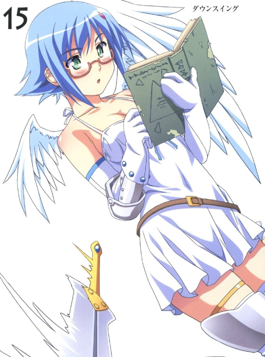 angel angel_wings artbook asymmetrical_wings bare_shoulders blue_hair blush book boots breasts elbow_gloves glasses gloves green_eyes highres kuuchuu_yousai medium_breasts miniskirt nanael open_mouth panties queen's_blade reading scan short_hair skirt solo standing sword thighhighs underwear weapon wings
