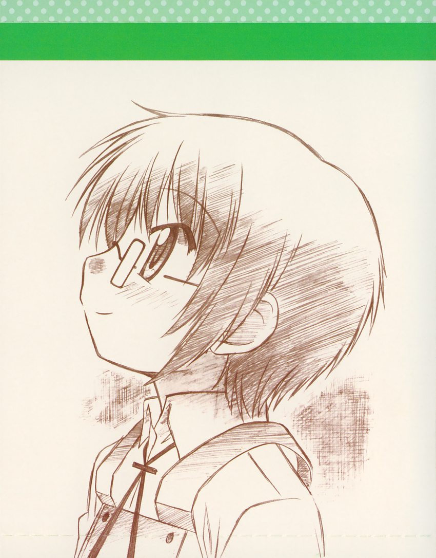 blue_eyes blue_hair blush brown cover glasses hidamari_sketch highres looking_up monochrome non-web_source official_art sae scan short_hair sketch smile solo