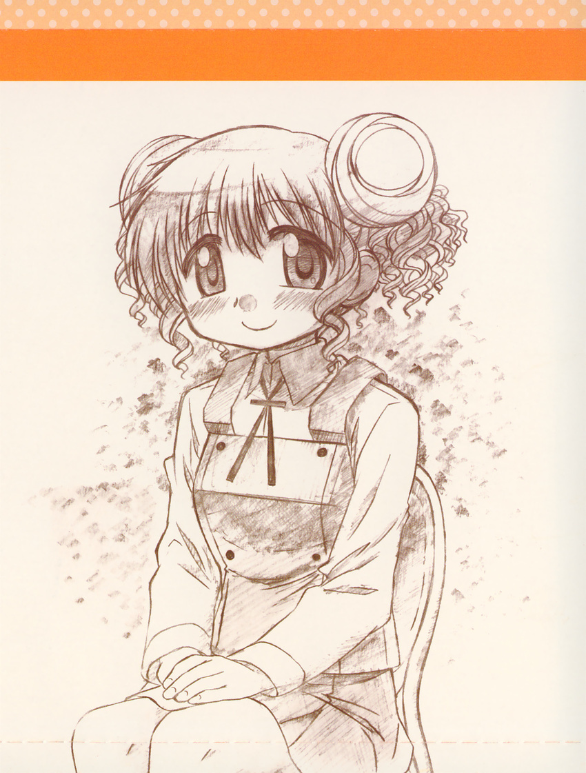 blush brown chair character_single double_bun hidamari_sketch highres hiro looking_at_viewer monochrome non-web_source official_art red_eyes red_hair scan school_uniform sketch smile solo