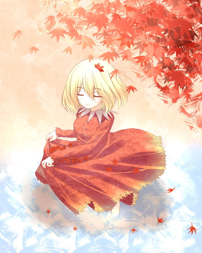 aki_shizuha autumn blonde_hair closed_eyes dancing dress from_above hair_ornament highres hiraga_matsuri leaf leaf_hair_ornament red_dress short_hair solo touhou wading water