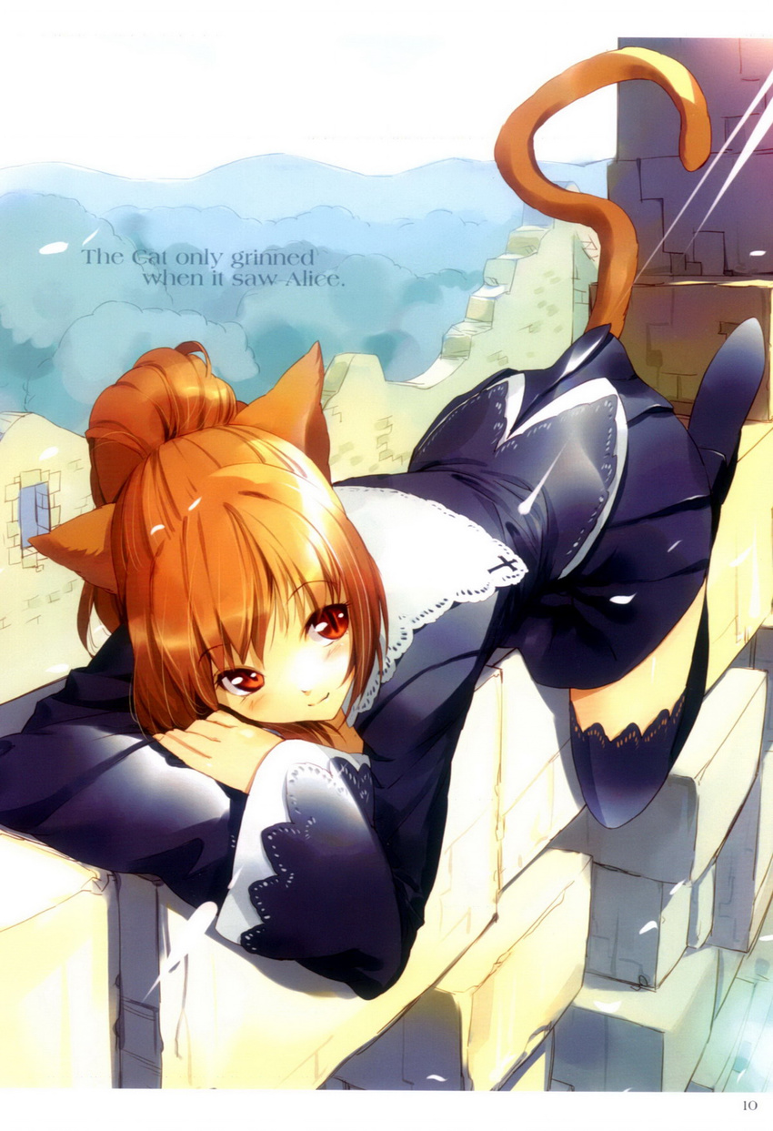 alice_in_wonderland animal_ears cat_ears cat_tail cheshire_cat english highres orange_hair ponytail red_eyes solo tail ueda_ryou