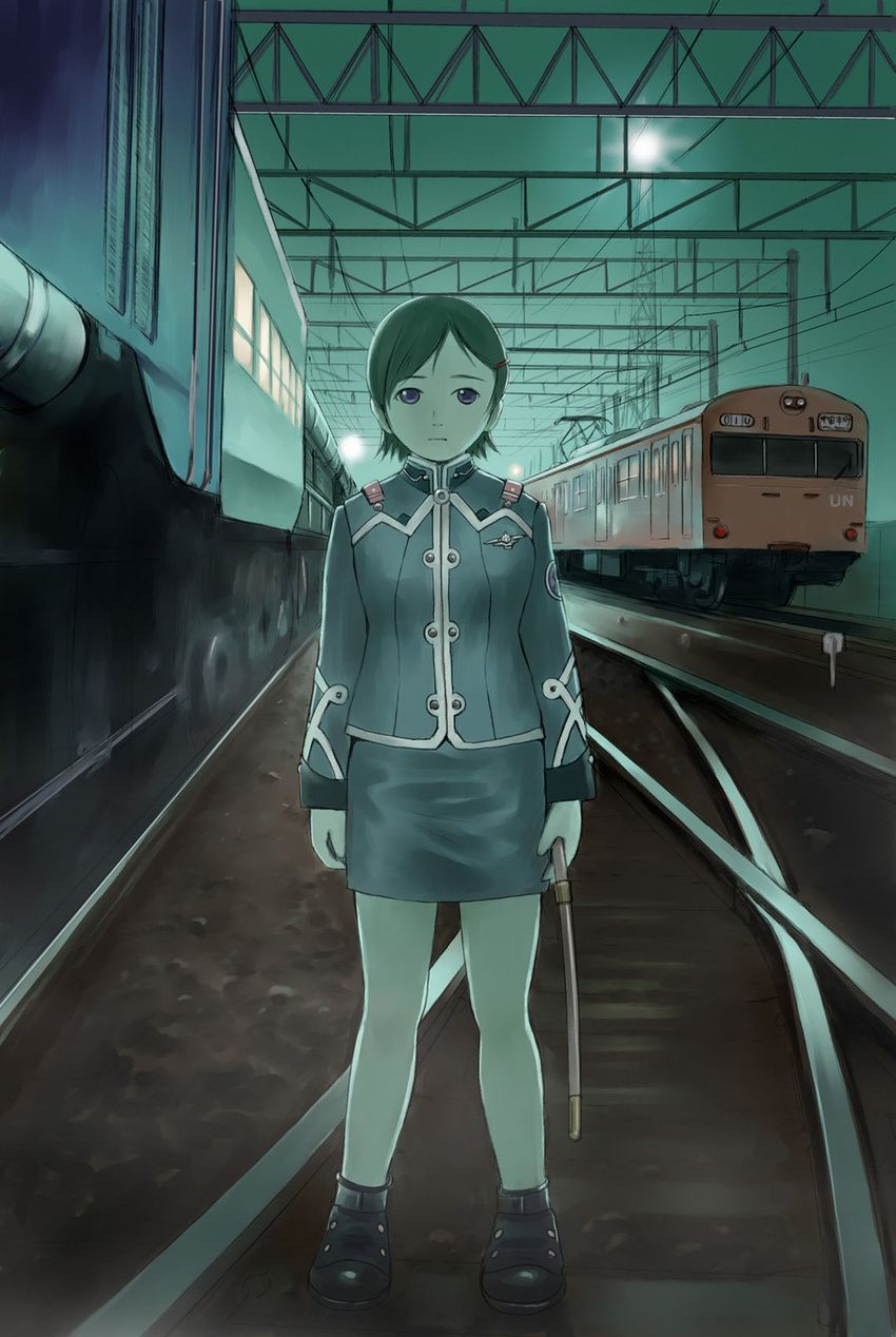 brown_hair ground_vehicle highres mimura_kaoru original overhead_line pantograph pantyhose purple_eyes short_hair solo train uniform