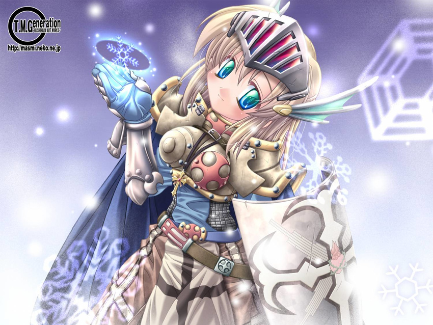 armor blonde_hair blue_eyes breastplate cape crusader gauntlets gradient_eyes green_eyes ishihara_masumi multicolored multicolored_eyes ragnarok_online shield short_hair smile snow solo visor_(armor) wallpaper