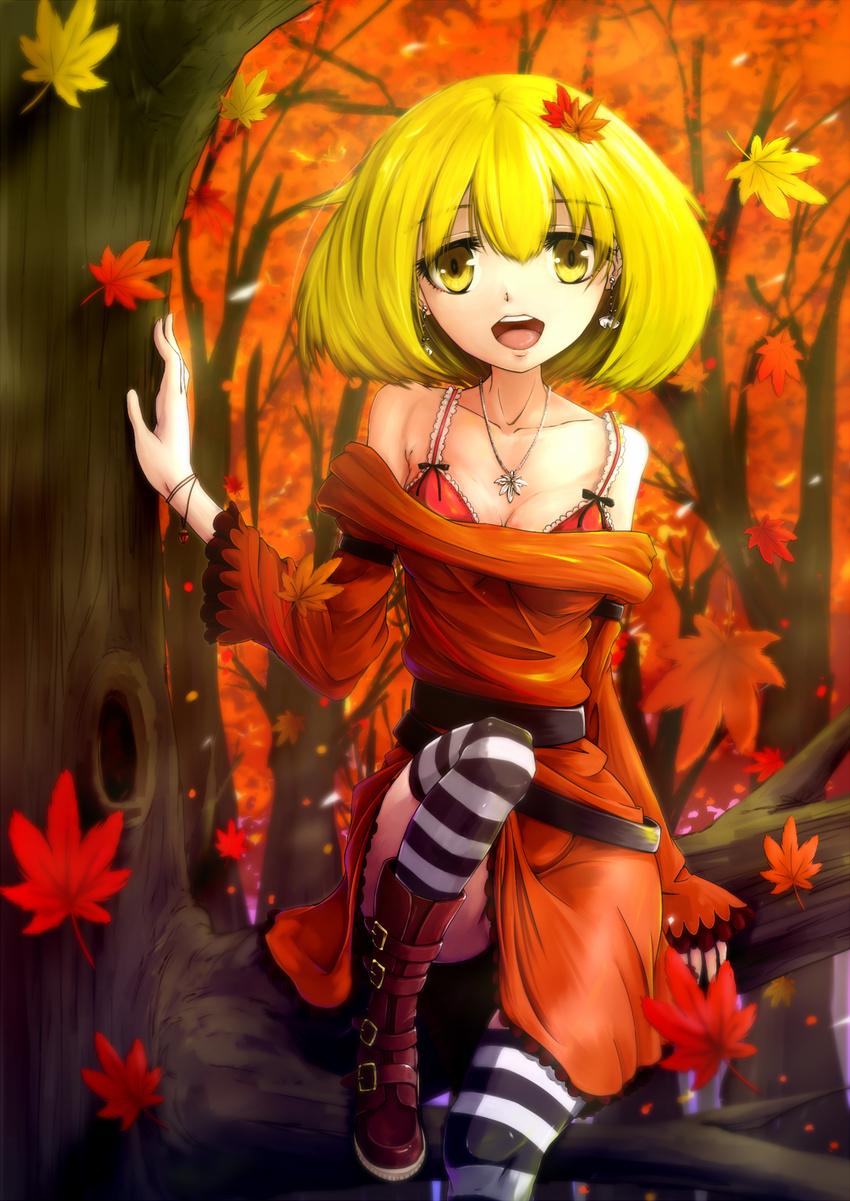 adapted_costume aki_shizuha autumn autumn_leaves bare_shoulders blonde_hair boots bra breasts cleavage earrings hair_ornament highres in_tree jewelry leaf leaf_hair_ornament leaf_on_head looking_at_viewer medium_breasts necklace off_shoulder open_mouth panties short_hair sitting sitting_in_tree solo striped striped_legwear thighhighs touhou tree underwear usui_ryuusan yellow_eyes