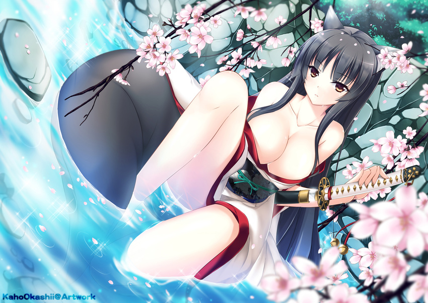 animal_ears artist_name black_hair breasts brown_eyes cherry_blossoms collarbone flower huge_breasts japanese_clothes kaho_okashii katana leg_up legs light_rays long_hair original partially_submerged petals scabbard sheath sitting solo sunbeam sunlight sword thighs very_long_hair water watermark weapon