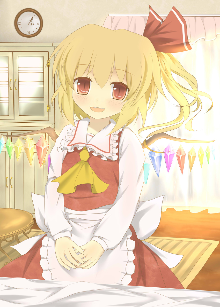 absurdres apron blonde_hair blush bunchou_(bunchou3103) flandre_scarlet highres jewelry no_hat no_headwear open_mouth red_eyes revision ring side_ponytail smile solo touhou wedding_band wings