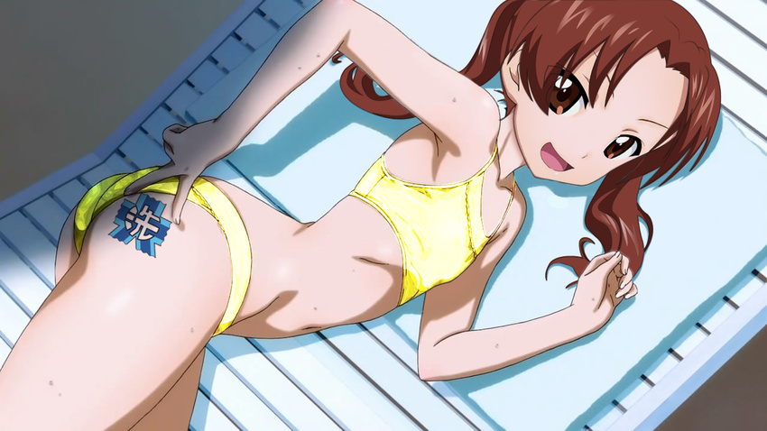 ass bikini boku_wa_tomodachi_ga_sukunai brown_eyes brown_hair chair flat_chest fukuen_misato girls_und_panzer kadotani_anzu long_hair looking_at_viewer lounge_chair lying midriff on_side open_mouth parody seiyuu_connection shiguma_rika solo swimsuit third-party_edit twintails