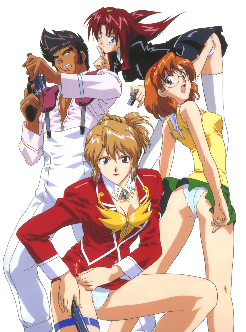 3girls 90s absurdres agent_aika aida_rion aika_(series) alexymetalia_maypia arm_up ass bangs bare_arms bare_shoulders bent_over black_hair blonde_hair blue_eyes blue_panties breasts brooch brown_eyes brown_hair bustier cleavage closed_mouth covered_nipples cropped_legs crotch_seam delmogeny_uniform detached_collar earrings eyebrows_visible_through_hair folded_ponytail glasses green_skirt gun gusto hairband handgun highres holding holding_gun holding_weapon jacket jewelry lace lace-trimmed_panties lipstick long_hair long_sleeves looking_at_viewer makeup medium_breasts multiple_girls official_art open_mouth panties pantyshot pantyshot_(standing) parted_bangs pencil_skirt red_hair red_jacket red_lips red_skirt shirt short_hair simple_background skirt standing sumeragi_aika tan thigh_strap thighhighs underwear uniform vest weapon white_background white_legwear white_panties white_shirt wind wind_lift yamauchi_noriyasu yellow_vest