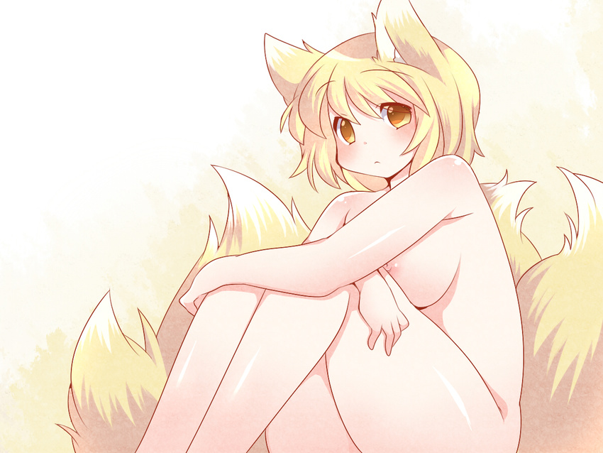 animal_ears bad_id bad_pixiv_id blonde_hair blush breasts fox_ears fox_tail hammer_(sunset_beach) large_breasts multiple_tails nipples nude simple_background sitting solo tail touhou white_background yakumo_ran yellow_eyes