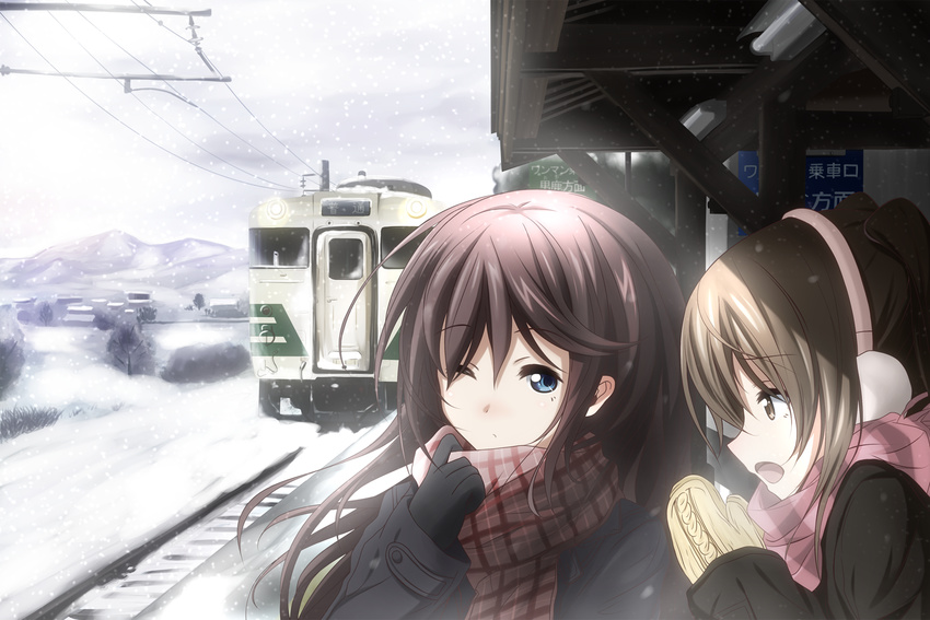 bangs blue_eyes brown_eyes brown_hair commentary_request eyebrows_visible_through_hair gloves ground_vehicle highres long_hair multiple_girls one_eye_closed open_mouth original outdoors portrait railroad_tracks scarf short_hair snow snowing suemizu_yuzuki train train_station white_gloves yellow_gloves