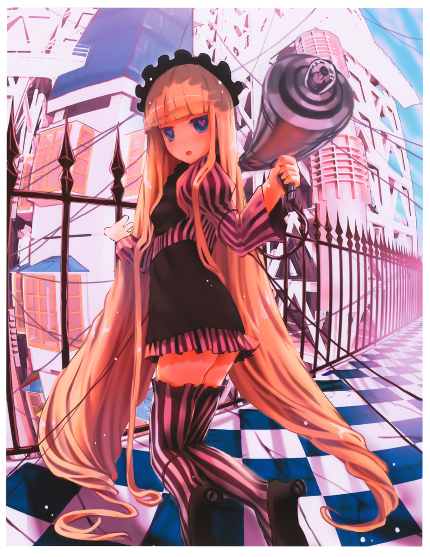 absurdres blonde_hair blue_eyes checkered checkered_floor fence heart heart-shaped_pupils high_heels highres huge_filesize john_hathway kneeling long_hair looking_back megaphone million_arthur_(series) scan shoes solo striped striped_legwear symbol-shaped_pupils thighhighs vertical-striped_legwear vertical_stripes very_long_hair