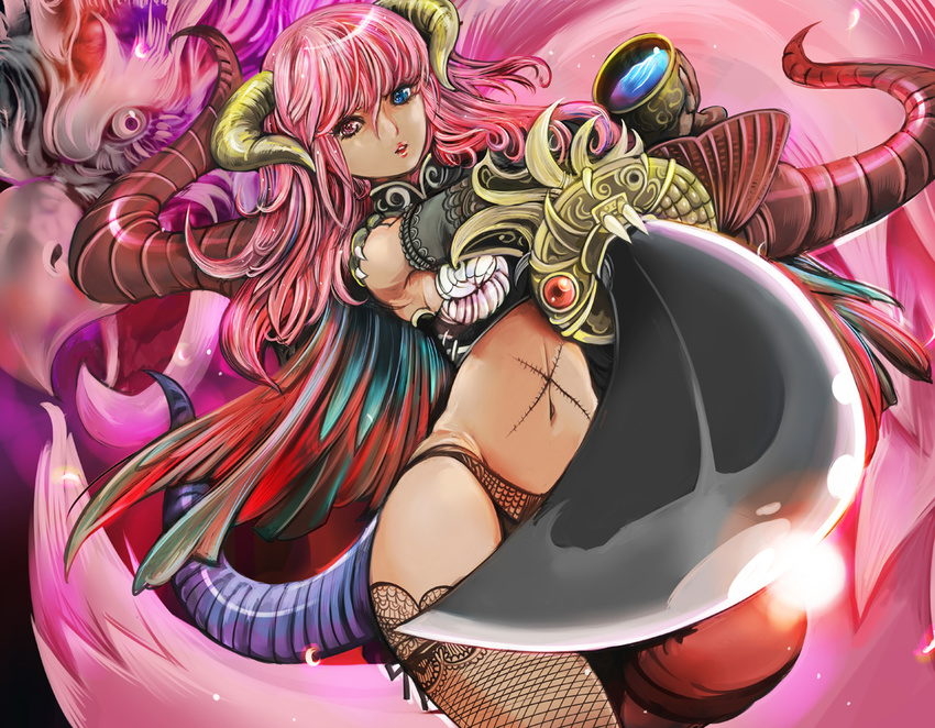 bare_shoulders blue_eyes breasts chalice fishnets heterochromia horns kazaana long_hair medium_breasts navel original pink_eyes pink_hair sideboob solo stitches sword tail thighhighs very_long_hair weapon