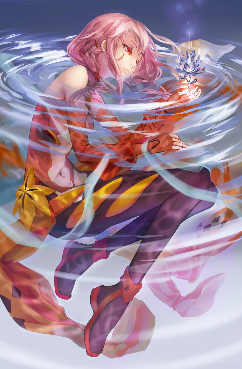 bare_shoulders black_legwear center_opening detached_sleeves fingerless_gloves flower gloves guilty_crown hair_ornament highres l.green partially_submerged pink_hair red_eyes solo water wet wet_clothes yuzuriha_inori