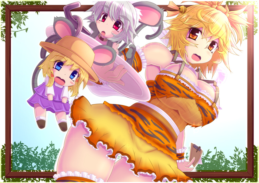 adapted_costume animal_ears bare_shoulders bell blonde_hair blue_eyes breasts chibi choujigen_nuko hair_ornament large_breasts minigirl moriya_suwako mouse_ears mouse_tail multiple_girls nazrin red_eyes revision short_hair silver_hair tail thighhighs toramaru_shou touhou tray