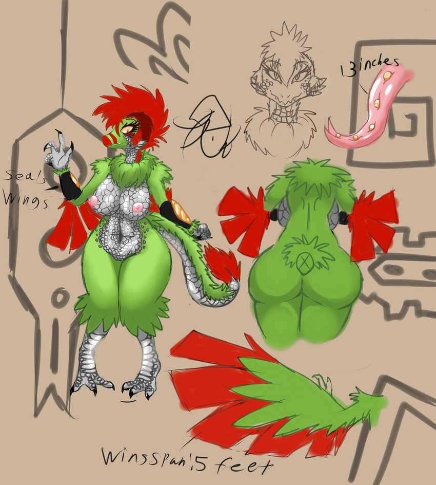 big_butt breasts butt claws dragon feathers female nipples quetzacoatl_cortessa scalie tongue wide_hips wolflance