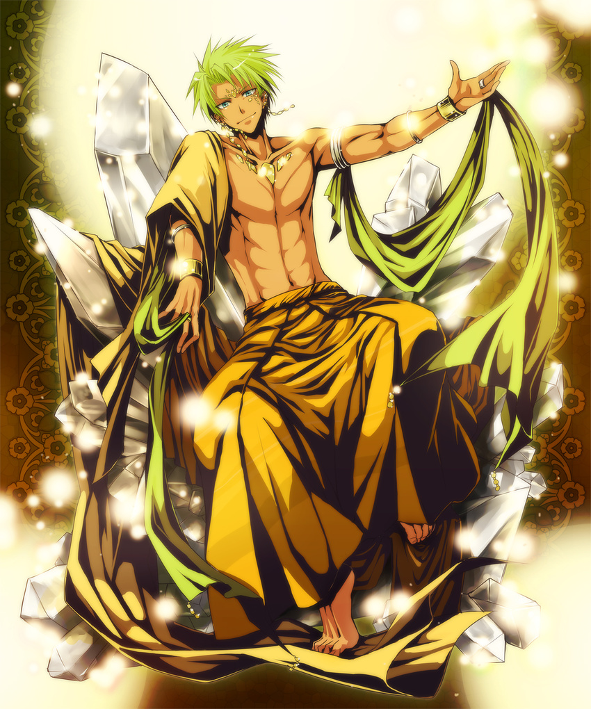 abs barefoot blonde_hair celestial_stones crystal highres light_smile male_focus muscle outstretched_arm personification revision shirtless sitting solo tatsuki_maki zircon_(personification)