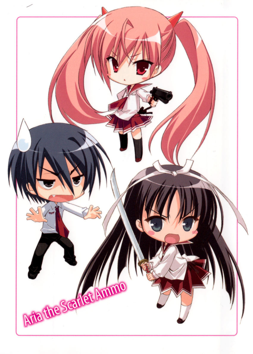 1boy 2girls absurdres chibi fang hidan_no_aria highres hotogi_shirayuki kanzaki_h_aria kobuichi multiple_girls official_art sweatdrop sword tooyama_kinji trio weapon