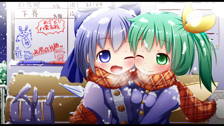 bag bench blue_eyes blue_hair blush bow breath cheek-to-cheek cirno daiyousei doodle fairy_wings fang green_eyes green_hair hair_bow hair_ribbon highres jacket looking_at_viewer makuran multiple_girls night night_sky one_eye_closed open_mouth ribbon scarf shared_scarf side_ponytail sign sky smile snow snow_on_head snowing touhou translation_request trash_can wings