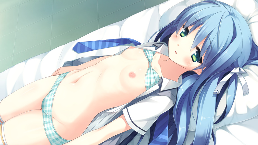 bed blue_hair blush bra breasts cube game_cg green_eyes kanekiyo_miwa kurano-kunchi_no_futago_jijou kurano_ema long_hair nipples open_shirt panties underwear