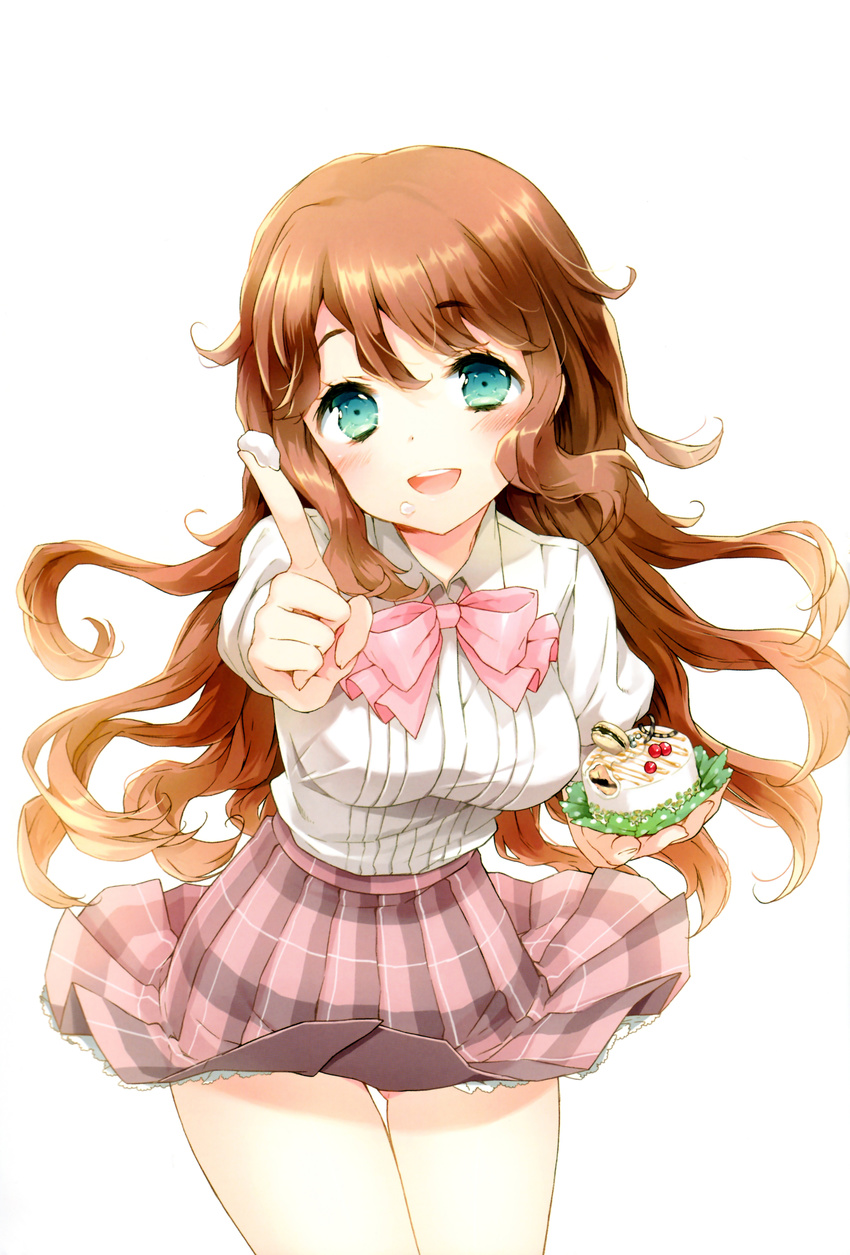 :d absurdres bow breasts brown_hair cuteg food food_on_face highres index_finger_raised kono_naka_ni_hitori_imouto_ga_iru! large_breasts leaning_forward long_hair official_art open_mouth plaid plaid_skirt pleated_skirt scan school_uniform skirt skirt_lift smile solo tendou_mana thigh_gap