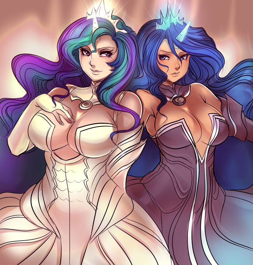 bare_shoulders blue_eyes blue_hair breasts bridal_gauntlets celestia_(my_little_pony) cleavage crown dress elbow_gloves eyelashes gloves glowing_horn gown green_hair highres horn huge_breasts long_hair luna_(my_little_pony) maniacpaint multicolored_hair multiple_girls my_little_pony my_little_pony_friendship_is_magic no_bra personification pink_eyes purple_hair siblings sisters strapless strapless_dress tan very_long_hair