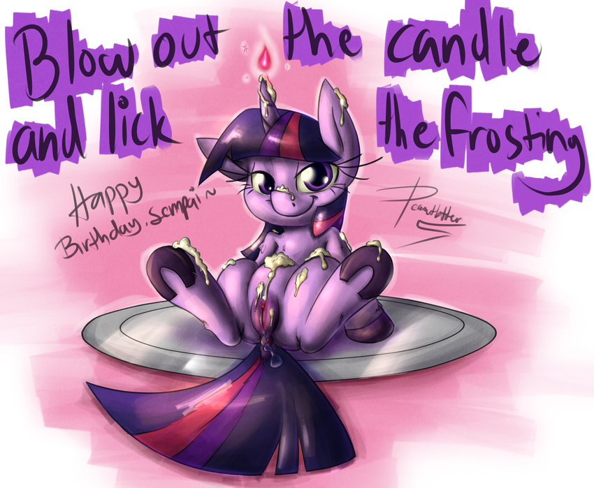 anus english_text equine female feral friendship_is_magic hair hooves horn horse looking_at_viewer mammal multi-colored_hair my_little_pony peanutbtter pony presenting purple_eyes pussy solo text twilight_sparkle_(mlp) unicorn