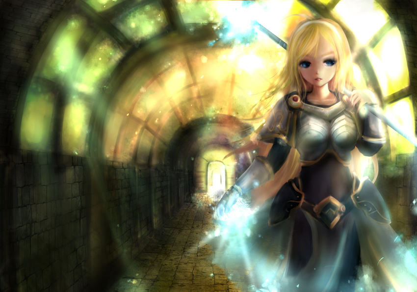 armor blonde_hair blue_eyes bodysuit hairband hallway highres league_of_legends lips long_hair luxanna_crownguard nose solo staff zhang_xiao_bo