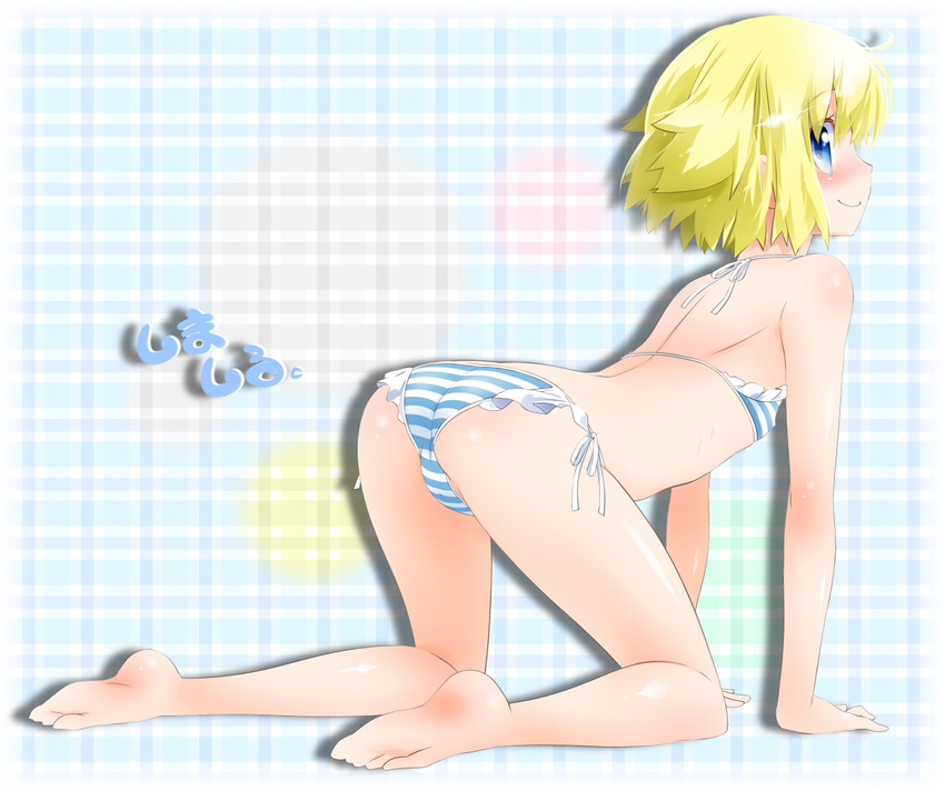 all_fours ass barefoot bikini blonde_hair blue_eyes looking_back md5_mismatch noto_(soranoto) original plaid plaid_background revision short_hair side-tie_bikini solo striped striped_bikini swimsuit