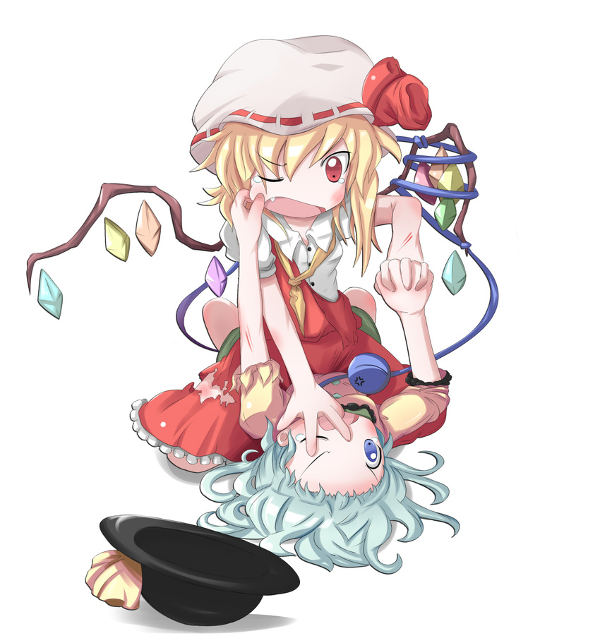 anger_vein angry blonde_hair blue_eyes blue_hair catfight fang fighting flandre_scarlet hand_on_another's_face hat highres kikurage_(sugi222) komeiji_koishi lying multiple_girls one_eye_closed red_eyes tears third_eye torn_clothes touhou wings wrestling