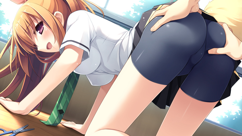 ass ass_grab bike_shorts blush cube erect_nipples game_cg kanekiyo_miwa kurano-kunchi_no_futago_jijou kurano_mikoto orange_hair seifuku tie