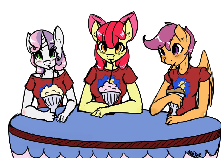 amber_eyes anthro anthrofied apple_bloom_(mlp) avante92 bow clothing cutie_mark_crusaders_(mlp) equine female friendship_is_magic glass green_eyes hair horn horse mammal my_little_pony pegasus plain_background pony purple_eyes purple_hair scootaloo_(mlp) straw sweetie_belle_(mlp) table two_tone_hair unicorn white_background wings