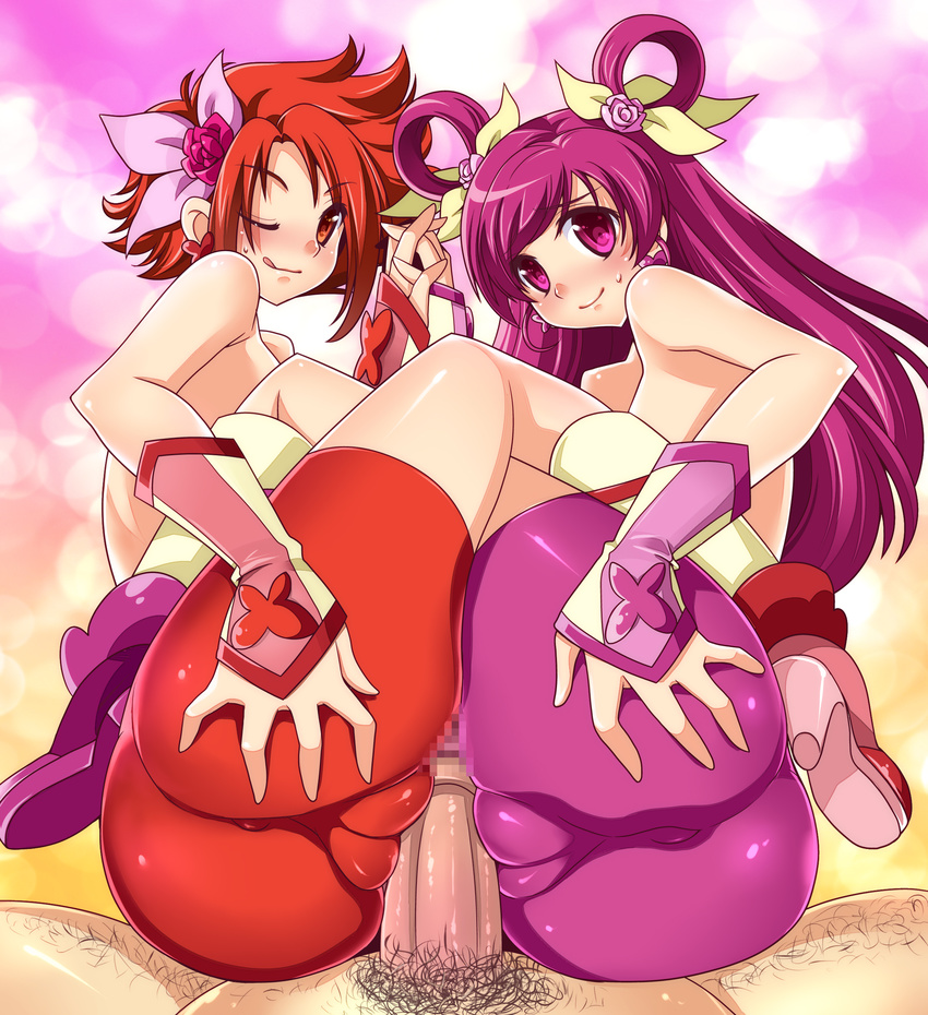 absurdres ass bad_id bad_pixiv_id bike_shorts cameltoe censored cure_dream cure_rouge double_grinding earrings fat_mons grinding hair_ornament hetero high_heels highres jewelry long_hair male_pubic_hair mosaic_censoring multiple_girls natsuki_rin one_eye_closed penis pink_shorts precure pubic_hair purple_eyes purple_hair red_eyes red_hair red_shorts shoes short_hair shorts smile solusolution tongue topless yes!_precure_5 yumehara_nozomi
