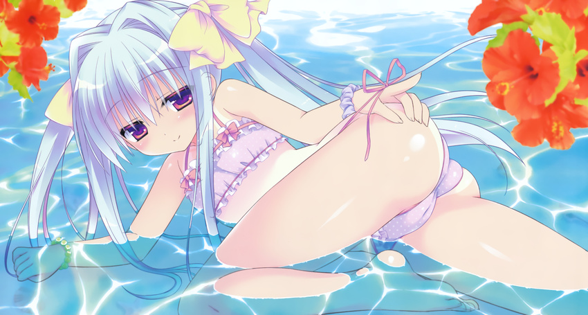 ass bikini blue_hair cameltoe cube_x_cursed_x_curious fear_kubrick flat_chest flower hair_intakes hibiscus highres legs lying novel_illustration official_art on_side purple_eyes sasorigatame shiny shiny_skin side-tie_bikini smile solo swimsuit twintails water