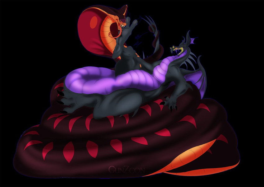 black_body claws cobra couple disney dragon eyes_closed female feral forked_tongue gunzcon jafar laugh long_tongue male maleficent red_eyes reptile scalie size_difference smile snake tickling tongue tongue_out wings