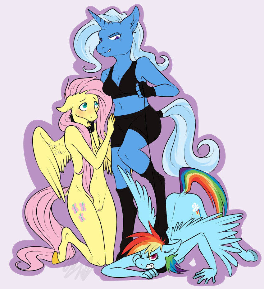 anthro anthrofied blue_eyes blush boots breasts cartoonlion collar cutie_mark domination equine female fingerless_gloves fluttershy_(mlp) friendship_is_magic gloves hair hi_res horn horse leash legwear mammal multi-colored_hair my_little_pony nude pegasus piercing pink_hair plain_background pony purple_eyes pussy rainbow_dash_(mlp) rainbow_hair submissive thigh_high_boots trixie_(mlp) unicorn white_background wings