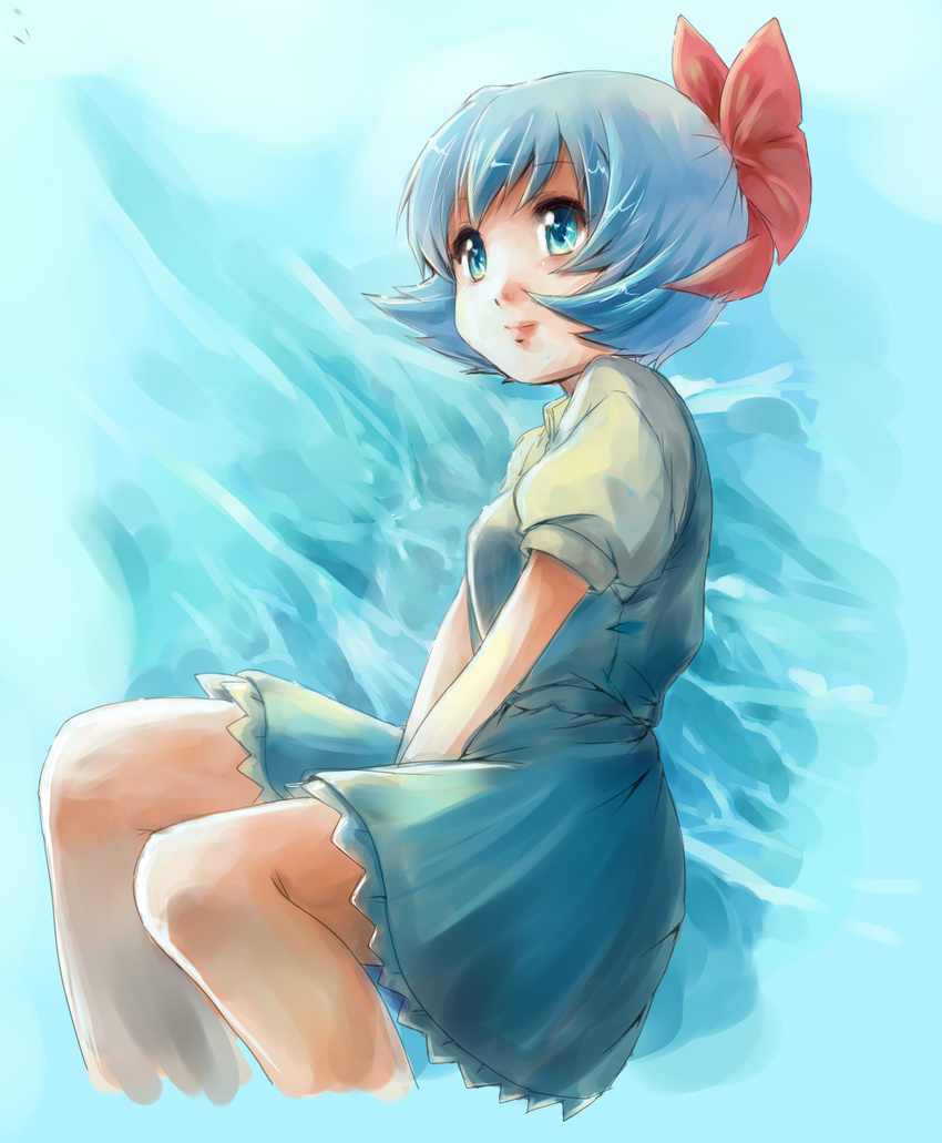 absurdres blue_eyes blue_hair bow cirno hair_bow highres lips no_wings short_hair skirt smile solo touhou v_arms yuni_(manyutin)