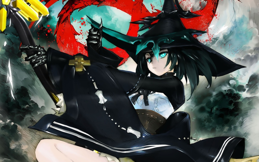 aqua_eyes black_hair black_rock_shooter black_rock_shooter_arcana broom elder_caster hat huke jpeg_artifacts photoshop tagme