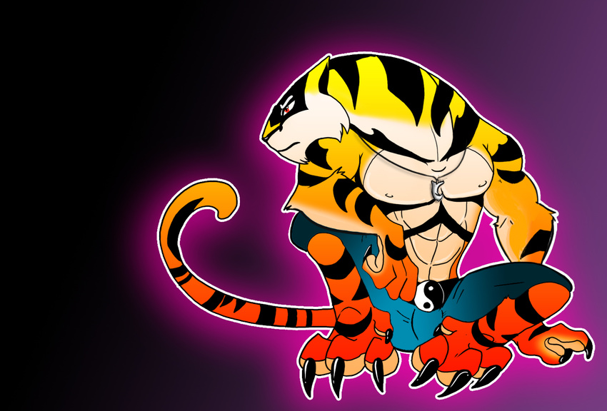 belt biceps bulge claws clothed clothing crouching feline fur half-dressed male mammal medal muscles necklace nipples pecs pose red_eyes shorts sitting solo tai_fu tiger toe_claws topless unknown_artist wrath_of_the_tiger yellow_fur