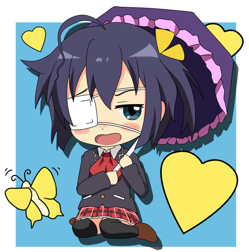 bad_id bad_pixiv_id black_hair blue_eyes blush_stickers bug butterfly chibi chuunibyou_demo_koi_ga_shitai! eyepatch heart highres inaka_gyomin insect one_side_up school_uniform short_hair solo takanashi_rikka thighhighs umbrella