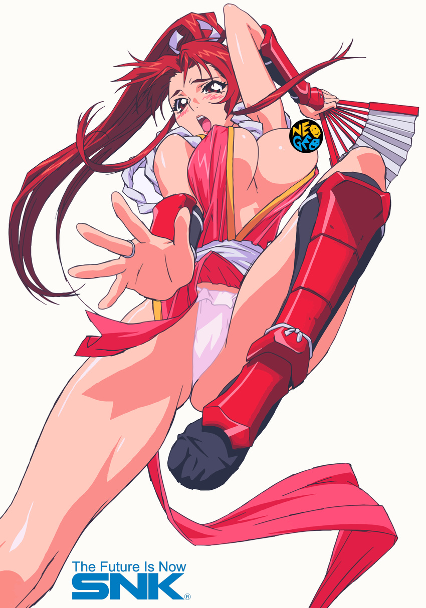 90s absurdres blush breast_out breast_slip breasts censored convenient_censoring fan fatal_fury highres king_of_fighters kunoichi neo_geo ninja one_breast_out oobari_masami panties shiranui_mai snk underwear