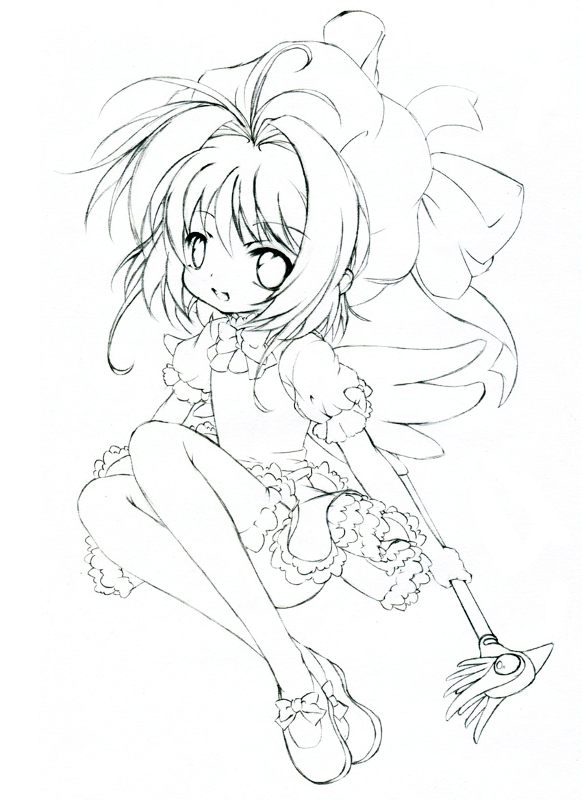 cardcaptor_sakura full_body highres jun_(noiji_guren_0220) kinomoto_sakura lineart monochrome short_hair smile solo wand