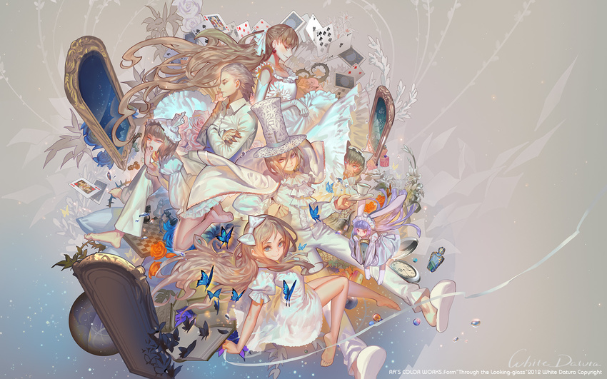 4girls alice_(wonderland) alice_in_wonderland alphonse_(white_datura) animal_ears bad_id bad_pixiv_id barefoot blonde_hair book brown_hair bunny_ears card character_request crossed_arms dress elbow_gloves gloves hairband hand_to_own_mouth highres long_hair looking_at_viewer mad_hatter mirror multiple_boys multiple_girls open_book playing_card pocket_watch silver_hair watch white_dress white_rabbit