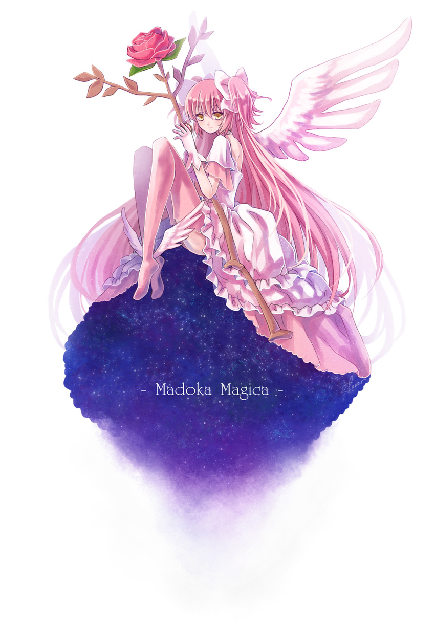 ankle_wings blush boots bow bow_(weapon) copyright_name dress flower frills gloves highres kaname_madoka li_luo long_hair mahou_shoujo_madoka_magica pink_footwear pink_hair solo space star_(sky) thighhighs two_side_up ultimate_madoka very_long_hair weapon wings yellow_eyes