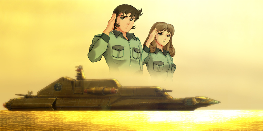 1boy 1girl blue_noa brown_eyes brown_hair domon_kei kusaka_shin military military_uniform ocean salute sky sunset tenkai-no-shinshi tenkai_no_shinshi uchuu_kuubo_blue_noa uniform