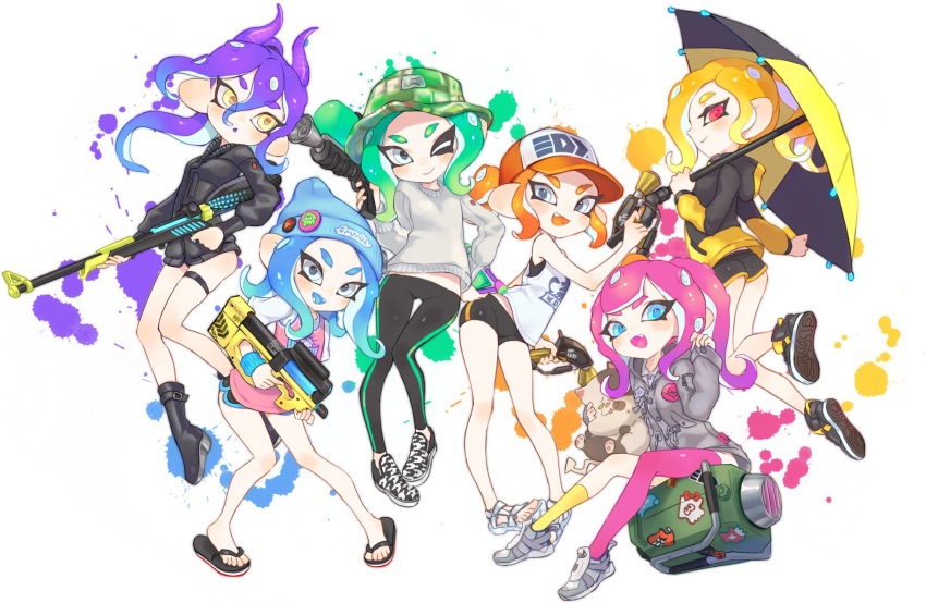 ass ass_visible_through_thighs asymmetrical_hair beanie bike_shorts blonde_hair blue_eyes blue_hair blush boots eyes_visible_through_hair fake_horns fangs gluteal_fold green_hair hat hero_charger_(splatoon) hero_shot_(splatoon) highres holding holding_weapon hood hoodie horns jacket jtveemo long_hair looking_at_viewer medium_hair multiple_girls nintendo octoling one_eye_closed open_mouth orange_hair pants pink_hair purple_hair red_eyes sandals shoes short_shorts shorts simple_background sitting slosher_(splatoon) smile sneakers splat_brella_(splatoon) splat_dualies_(splatoon) splatoon splatoon_(series) splatoon_2 splattershot_(splatoon) suction_cups sweater tank_top thigh_gap tight tight_pants umbrella undershirt weapon white_background yellow_eyes