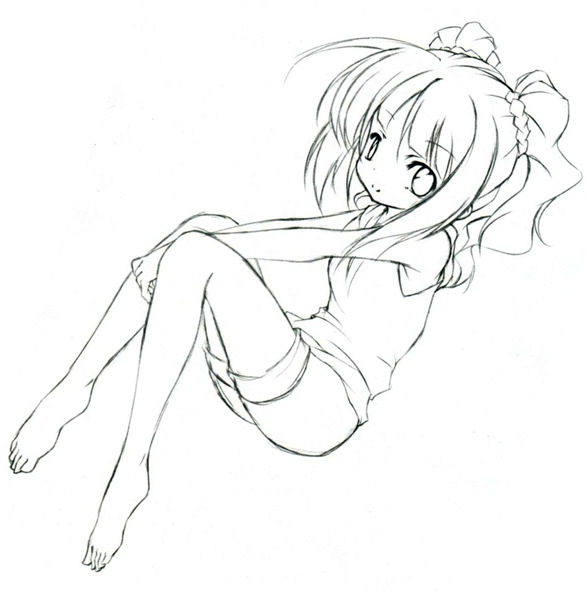 barefoot idolmaster idolmaster_(classic) jun_(noiji_guren_0220) lineart monochrome smile solo takatsuki_yayoi